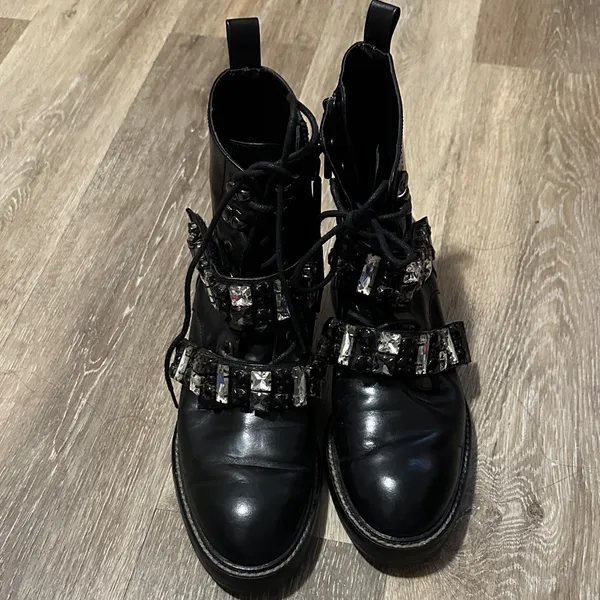 Zara Black Lace-Up Combat Boots with Crystal Straps - Image 8
