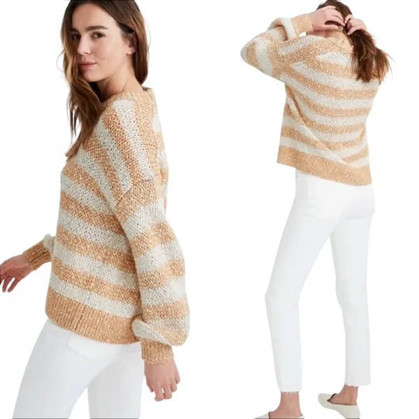 Madewell Baez Pullover Sweater Orange and Cream Stripe Size Small - Image 2