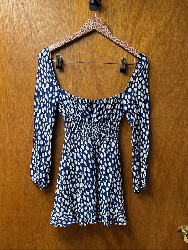 Reformation Rue Long Sleeve Mini Dress Crepe Spotted Lolita Blue White 0 - Image 15