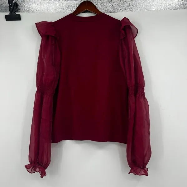 Anthropologie Ruffled Puff sheer Sleeve Blouse deep red romantic Victorian large - Image 6