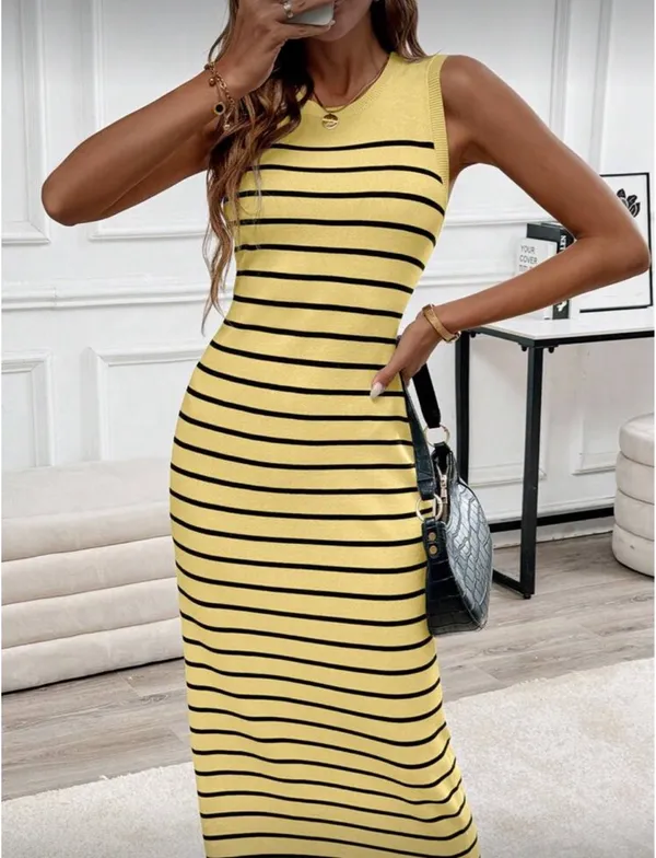 Yellow Striped Sleeveless Women Dress - Image 3