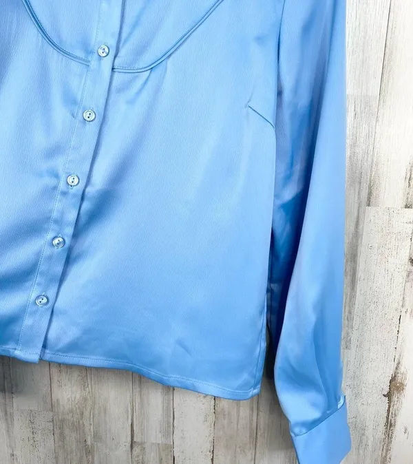 Something New Women's Long Sleeve Button-Up Satin Shirt Blue Size M Western - Image 6