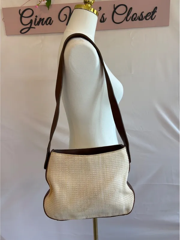 Etienne Aigner Beige Woven Shoulder Bag with Brown Leather Trim and Gold-tone Cl - Image 2