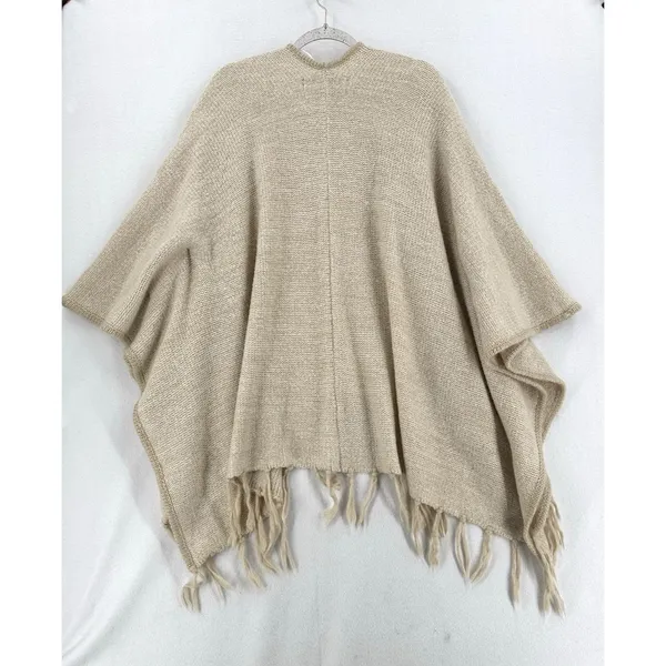 Kensie One Size Cream Knit Poncho Cardigan Fringe Cape Boho Coastal Grandmother - Image 2