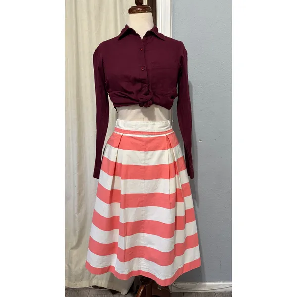 100% Cotton Womens Midi Skirt Size M Pink White Striped Pleated‎ Mod Nautical - Image 5