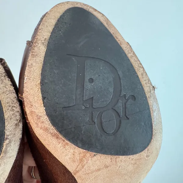Christian‎ Dior Vintage Y2K Brown Leather CD Logo Buckle Peep Toe Pumps 37.5 - Image 8