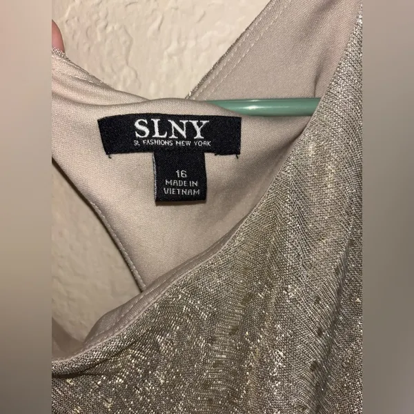 SLNY Elegant Gold Sleeveless Dress - Image 3