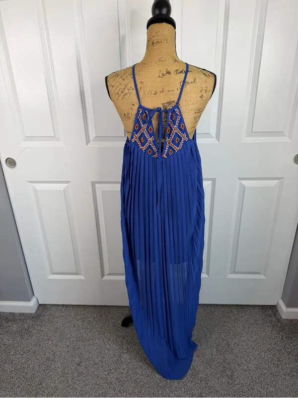 Arden B XS Cobalt Blue Beaded Pleated High Low Maxi Dress Y2K - Image 7