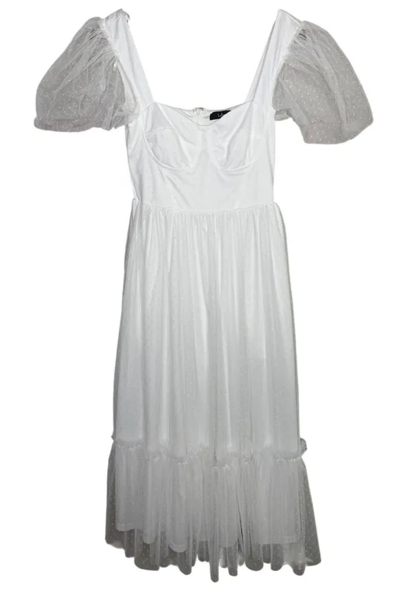NWT Lulus Dreamy Celebration Sheer Tulle Bustier Swiss Dot Midi Dress S White - Image 2