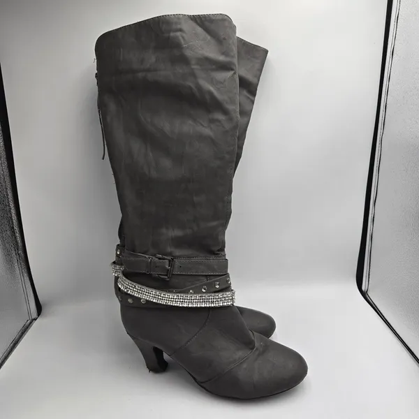 Vanity Gray Studded Rhinestone Knee High Boots Heeled Size 8.5 Alla VT - Image 4
