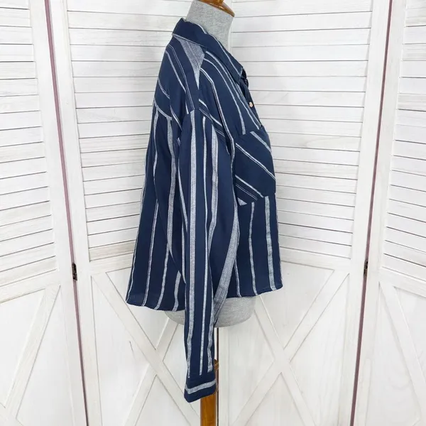 Sandy & Sid Striped Long Sleeve Button‎ Up Crop Shirt Blue White Large - Image 3