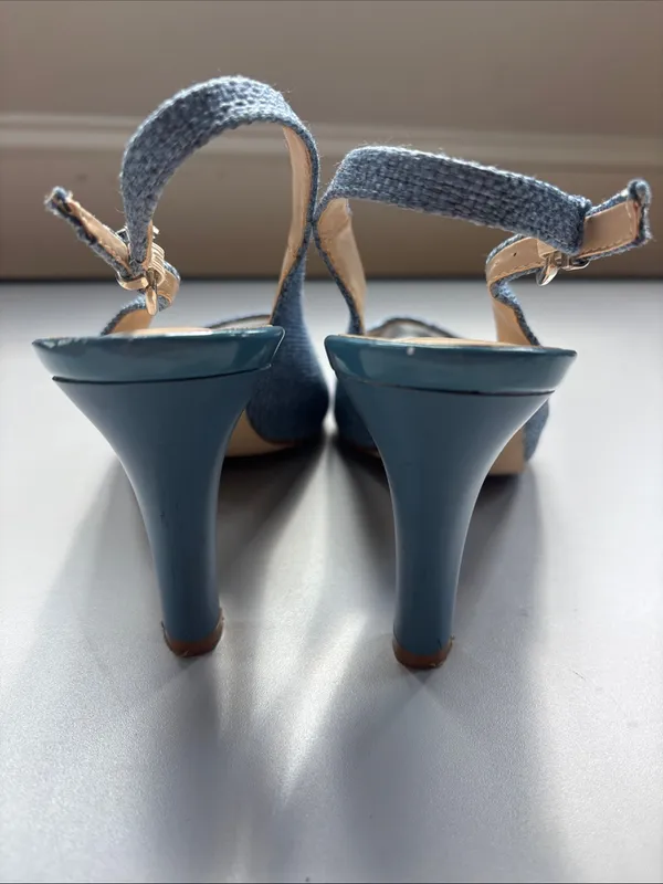 Queue Blue Woven Tweed Slingback Peep Toe Heels Women’s Size 9 Kitten Heel Pumps - Image 7