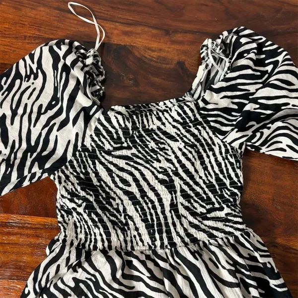 M&S Collection Women's Zebra Print‎ Tiered Puff Sleeve Dress Size 8 - Image 2