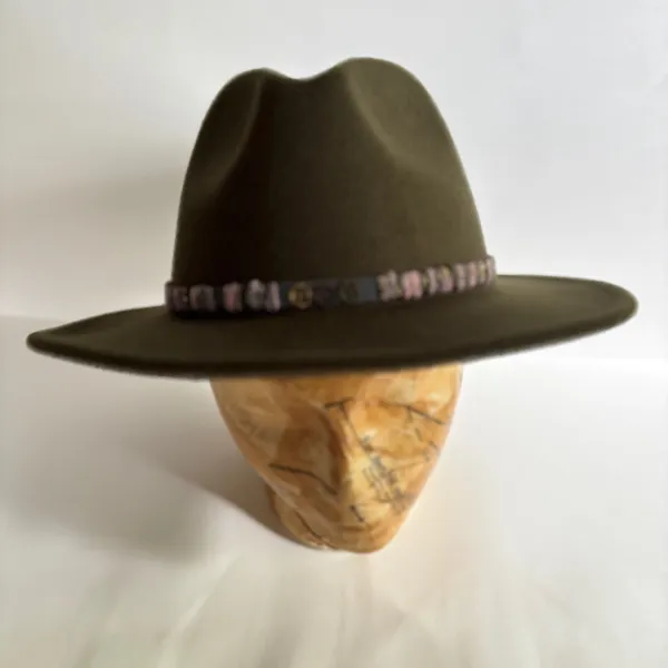 Wide Brim Felt Fedora Hat in Olive Green with Beaded Band - Image 2