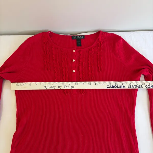 Lauren Ralph Lauren Red Thermal Waffle Knit Ruffle Henley Top Womens Size Medium - Image 8