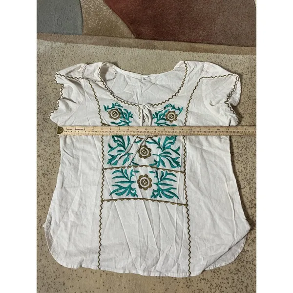 Willow & Clay Embroidered Bohemian Top Short Sleeve Blouse Cream Green Size M‎ - Image 6