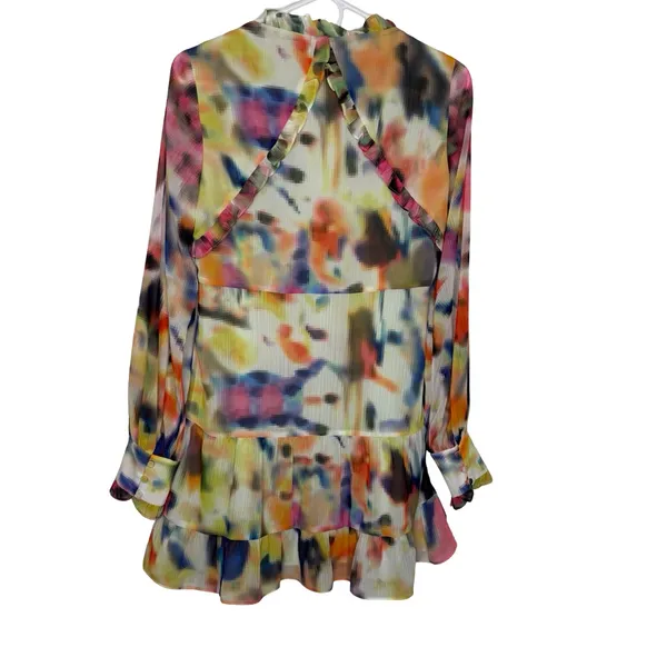 ✨🎨 ALEXIS Multicolor Abstract Ruffle Peplum V-Neck Mini‎ Dress XS 🎨✨ - Image 2