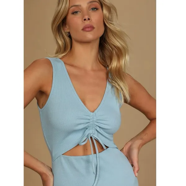 Lulus Go With You Light Blue Ribbed Ruched Cutout Sleeveless Bodycon Dress Sz L - Image 5