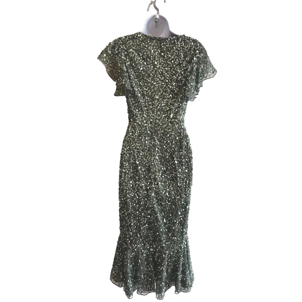 NWT $398 Mac Duggal Sequin‎ Midi Dress 2 Sage Green Flutter Sleeve Trumpet 10801 - Image 6