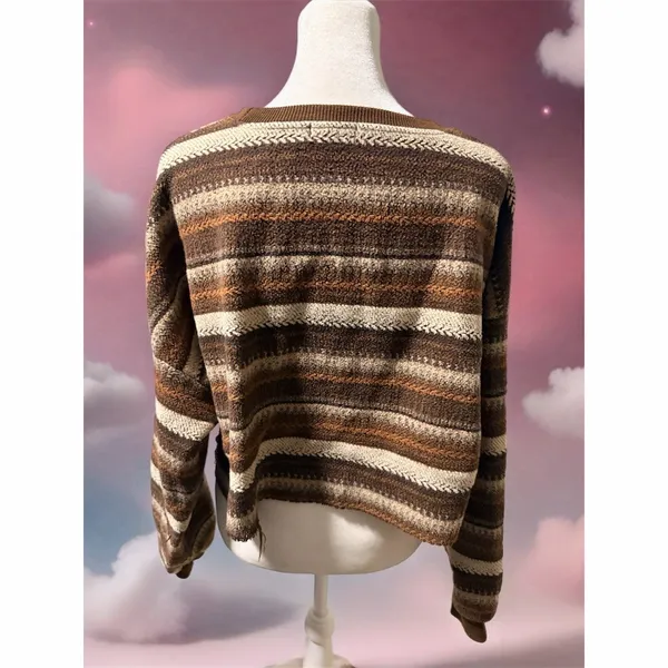 LCALE Sweater Womens L Brown Tan Cream Striped Vintage Crew Neck Knit - Image 4