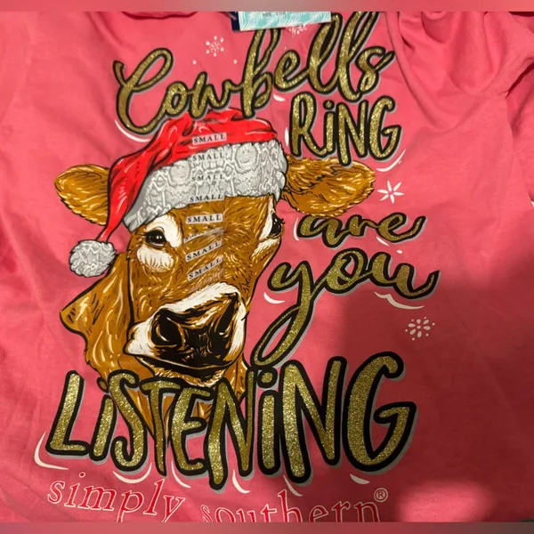 Simply Southern Pink Christmas Cowbells Ring Long Sleeve T Shirt Small - Image 3