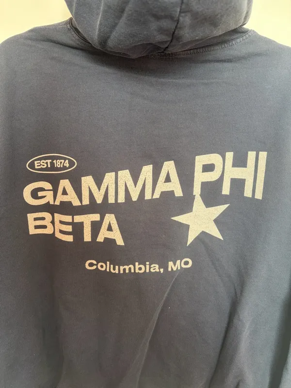 Gamma Phi Beta Columbia MO Graphic Hoodie - Navy with Cream Print - Image 3