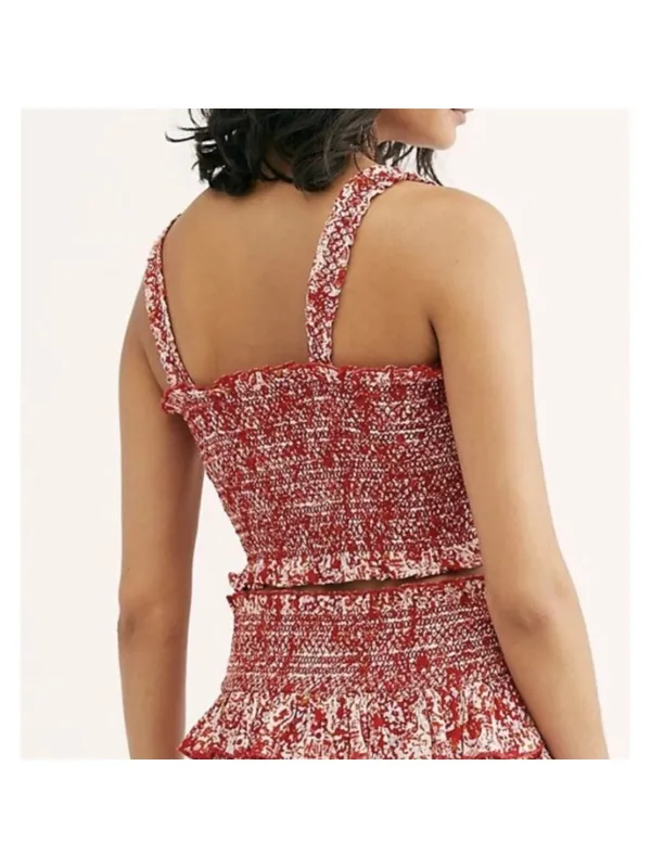 Free People Thalia Smocked Crop Top Red Boho Cottagecore Summer Size Large - Image 2