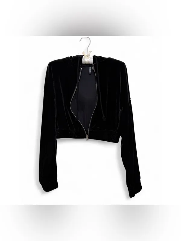 Y2K H&M Divided Women’s Long Sleeve Cropped Velour Hooded Full-Zip Sweater SizeS - Image 7