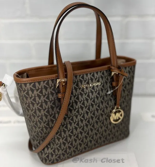 Michael Kors Brown Gold Metallic Print Top Zip Tote Bag - Image 2