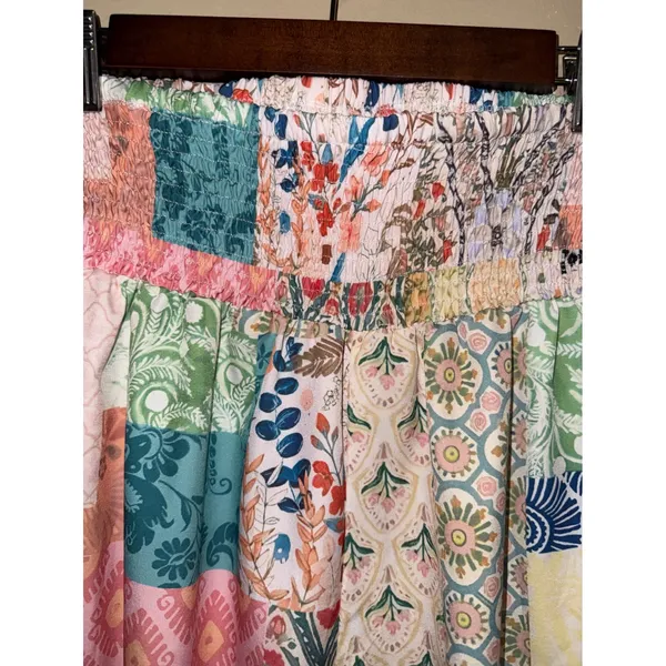 Multicolor Patchwork High Waisted Wide Leg Smocked Waist Pants Small Boho Summer Pink - Image 3
