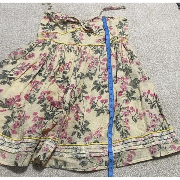 Hazel Strapless Floral Sundress Yellow Pink Green L 100% Cotton Lace Bow Ruffle - Image 10