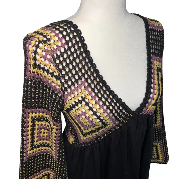 ASOS Design Crochet Granny Square Black Mini Dress Open Back Sz 6 Boho Festival - Image 3