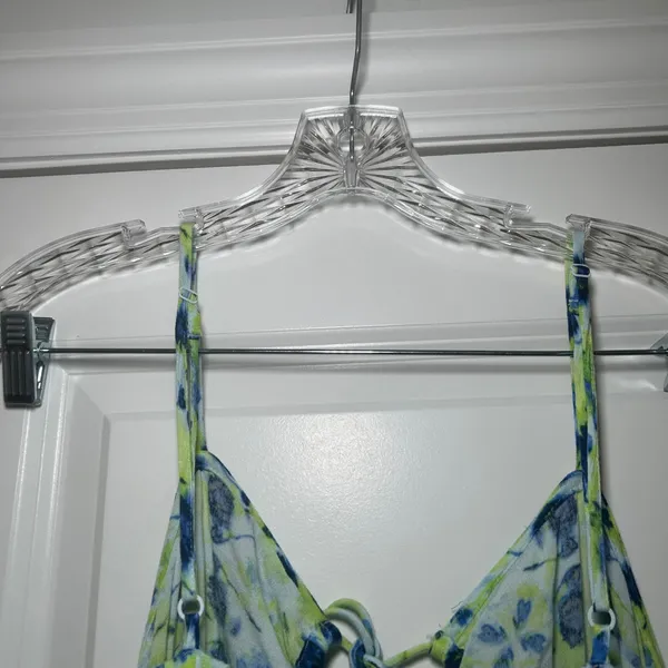 Aerie Blue Lime Green Floral Tie Front Smocked Back Cami Mini Dress Large beach - Image 5