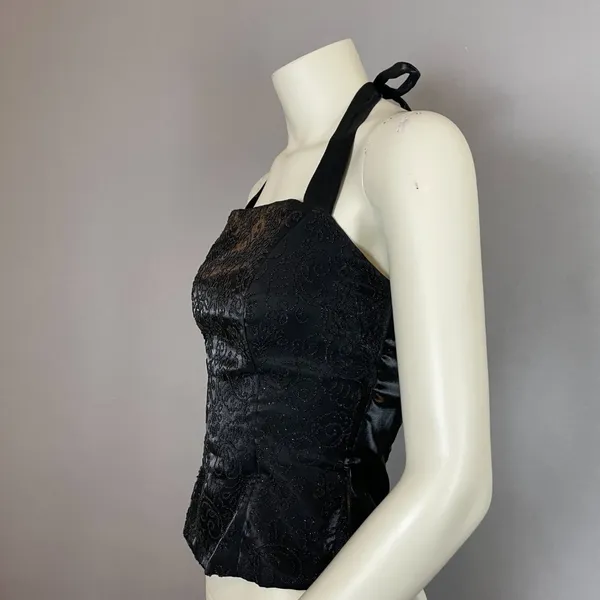 Vintage 90s Prom Halter Top Beads Tie Black Zip-Up‎ Flaws Princess Sleeveless - Image 2