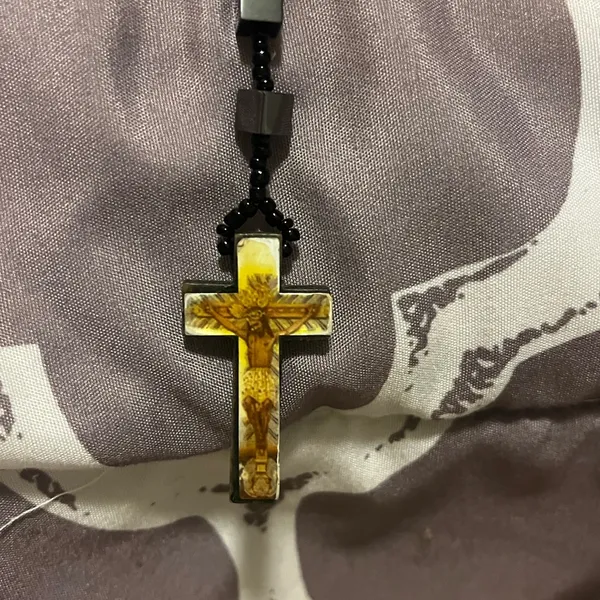 Black Beaded Rosary Necklace with Gold Cross - Image 5