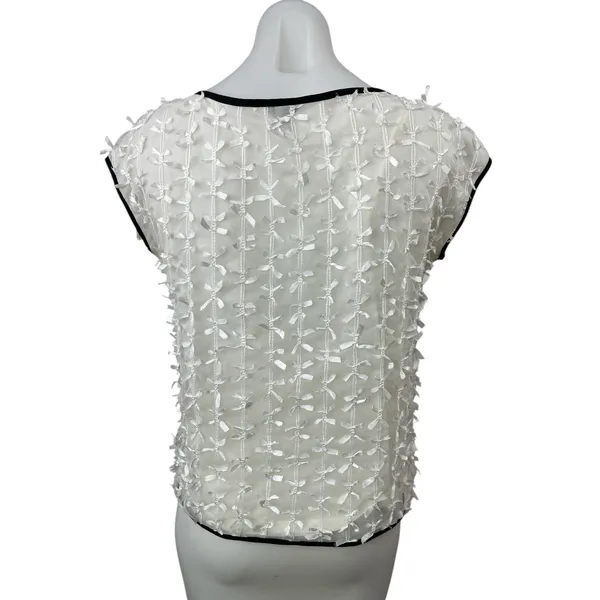 Ann Taylor Women's White Lace Bow Ribbon Short Cap Sleeve Shirt Blouse Top Sz S - Image 2