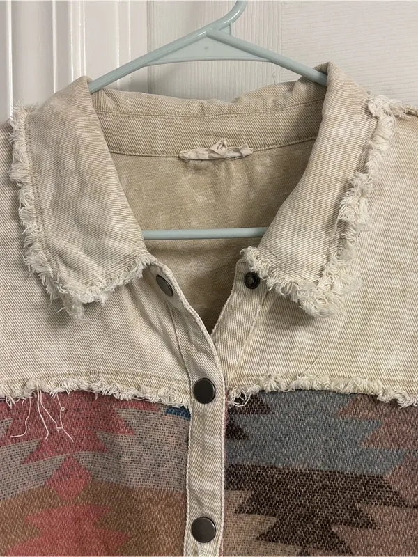 Southwestern Pattern Button-Up Shirt Jacket in Cream, Blue & Brown - Image 3