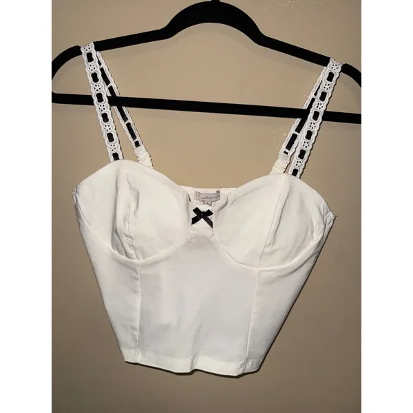 Blush Coquette White Bustier Crop Top Black Bow Eyelet Ribbon Corset Style L‎ Y2K Chic - Image 3
