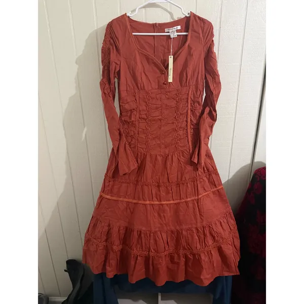 Runway 101 Terracotta Rust Cotton Smocked Tiered Midi Dress Boho Lace Trim M - Image 2