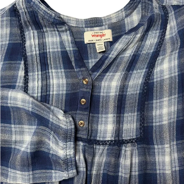 Wrangler Blue White Black Plaid Pintuck Blouse Western Boho Size Medium - Image 9