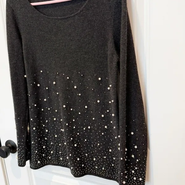 Womens Cashmere Beaded Sweater Medium Old Money Luxury Event Holiday Gray - Image 3