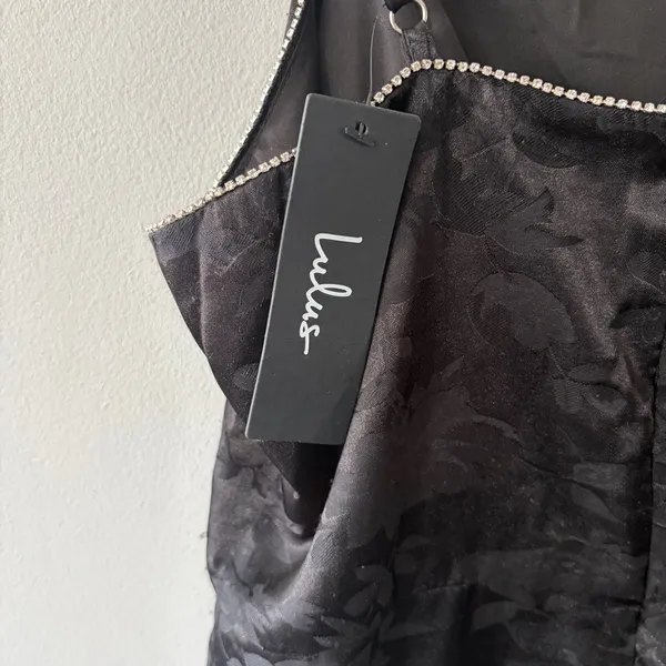 NWT Lulus Sleek Elegance Black Satin Floral Jacquard Rhinestone Mini Dress M - Image 6