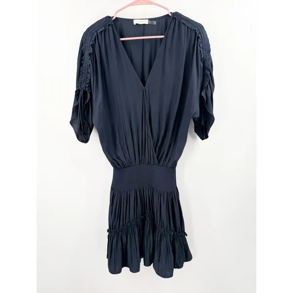 Ramy Brook Tilda Dress Women’s Size XXS Crossover Mini Ruffle Smocked navy blue - Image 3