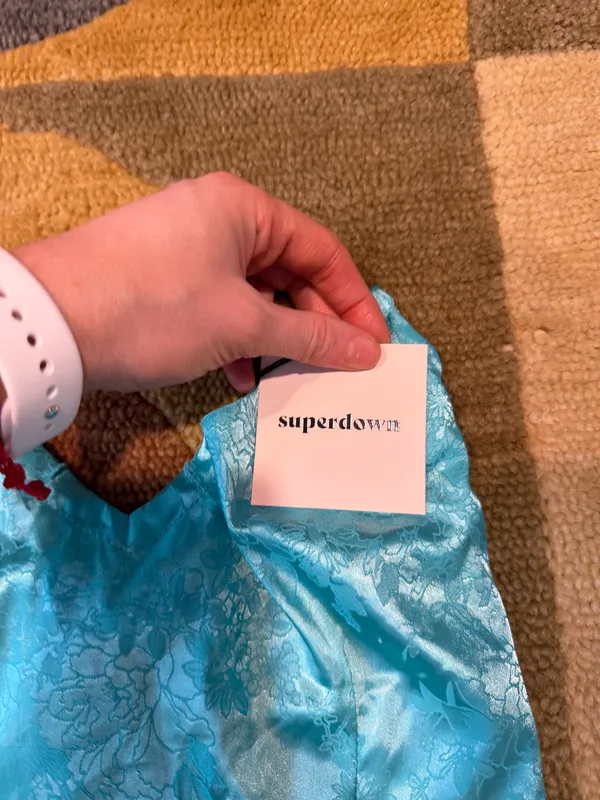 NWT Superdown Aqua Blue Satin Strapless Mini Dress Tie Back FLAWED See pics S - Image 3