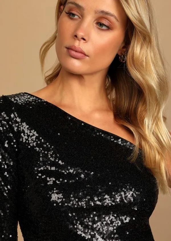 Jackpot Black Sequin One-Shoulder Two-Piece Mini Dress NWT Size Medium - Image 2