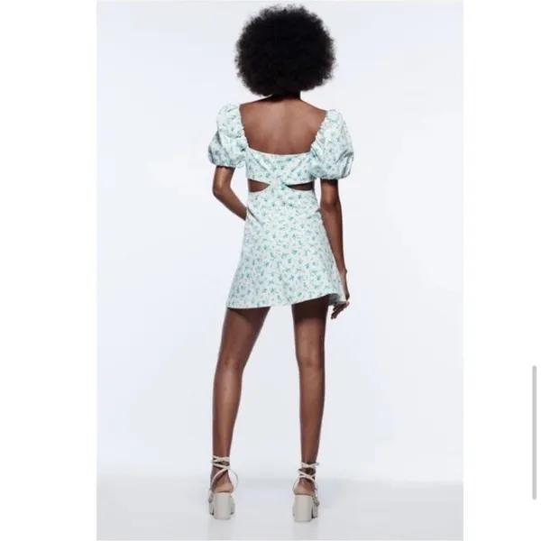 Zara White and Blue Floral Puff Sleeve Mini Dress - Image 5