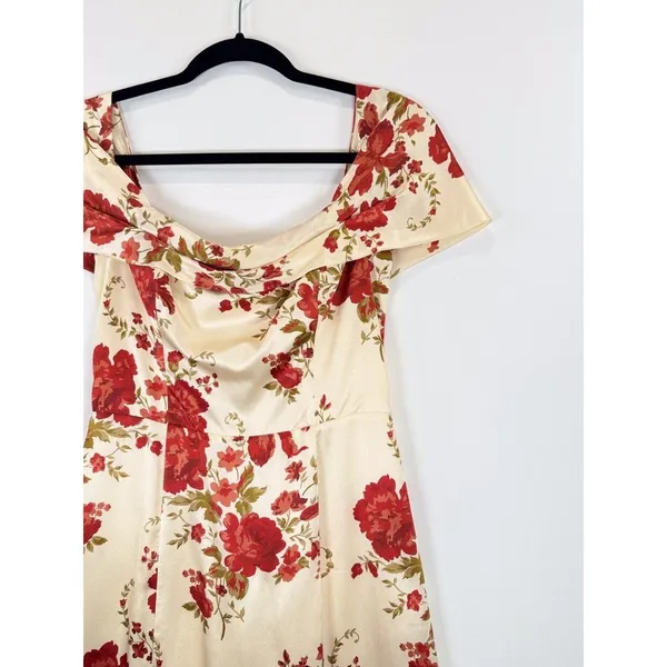 Reformation Mini Dress Beige Lanelle Silk Floral Off Shoulder Satin Smocked XS - Image 6