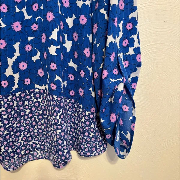 Elle Blue Floral Boho Blouse XL Tie Neck Long Sleeve - Image 8