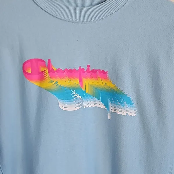 Champion Reverse Weave Sweatshirt Small Light Blue Pastel Shadow Script Logo - Image 4