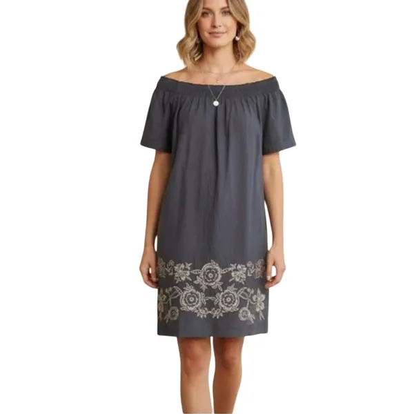 Talbots Chambray Off The Shoulder Shift Dress Embroidered Floral Smocked size 16 - Image 9